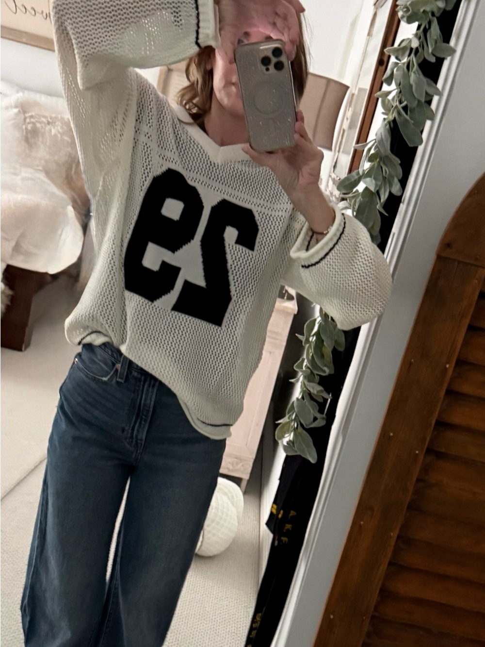 Cream Knit Number 29 Sweater - crochet look Casual V-Neck Pullover